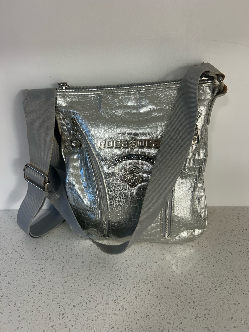 Rocawear Silver Croc-Embossed Crossbody with Gray Strap